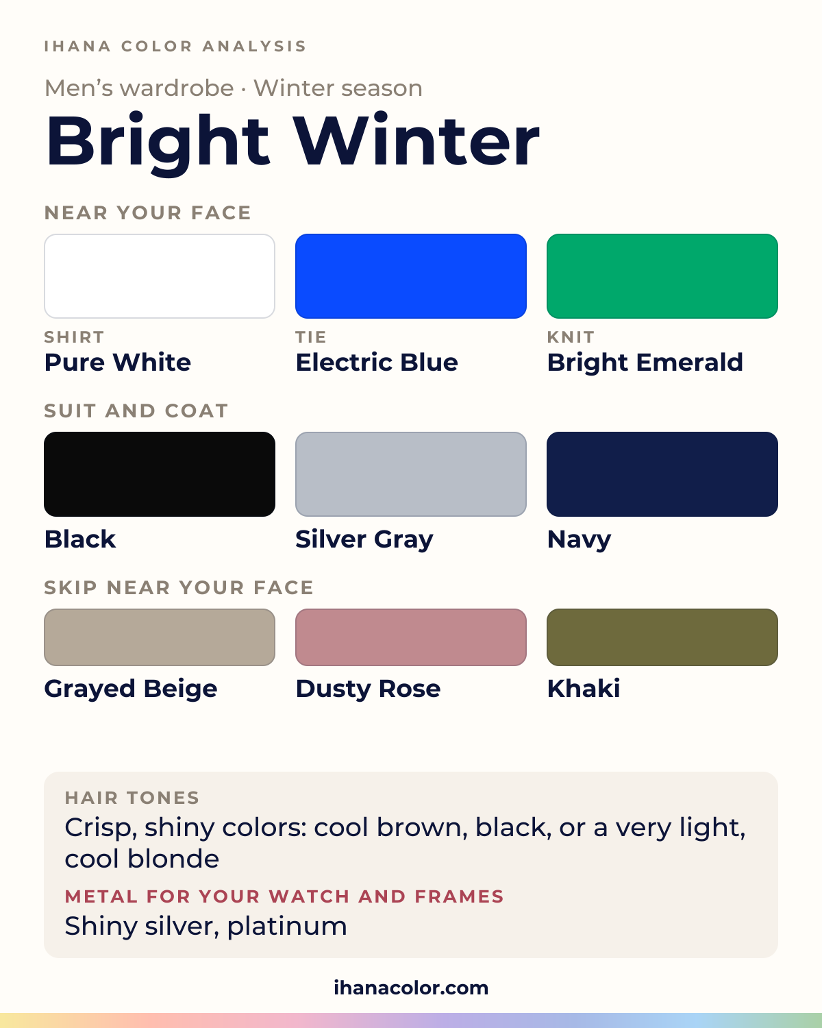 Bright Winter (Clear Winter) men’s color palette: pure White shirt, black, silver Gray and navy suit and coat, electric Blue tie, bright Emerald knit, and the colors to skip near the face