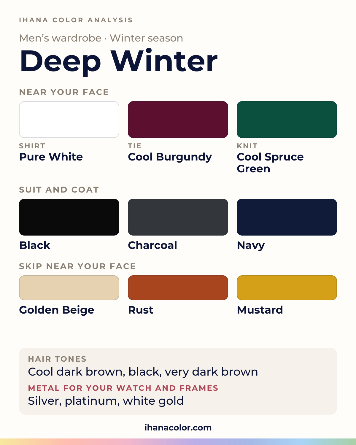 Deep Winter (Dark Winter) men’s color palette: pure White shirt, black, charcoal and navy suit and coat, cool Burgundy tie, cool Spruce Green knit, and the colors to skip near the face