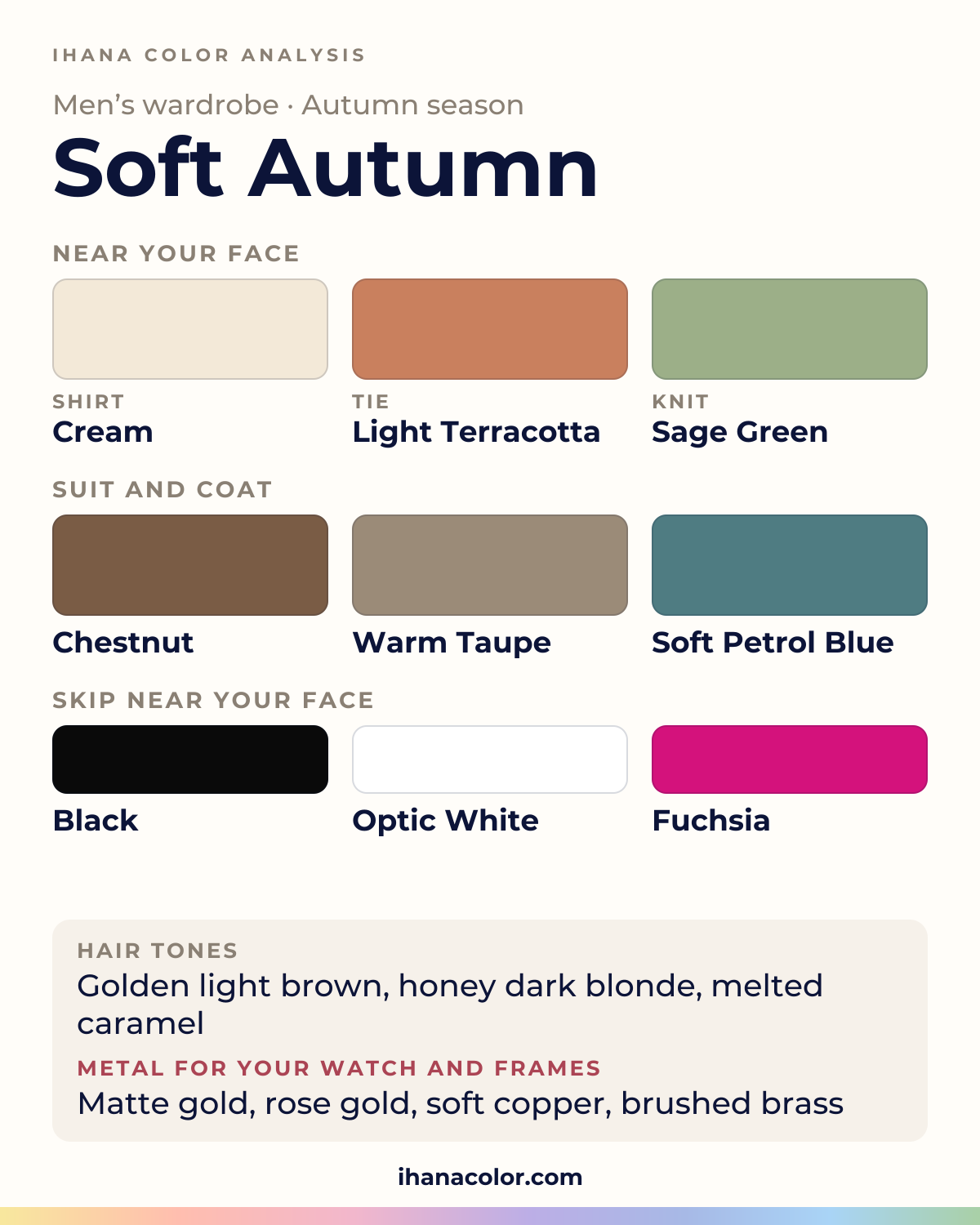 Soft Autumn men’s color palette: cream shirt, chestnut, warm Taupe and soft Petrol Blue suit and coat, light Terracotta tie, sage Green knit, and the colors to skip near the face