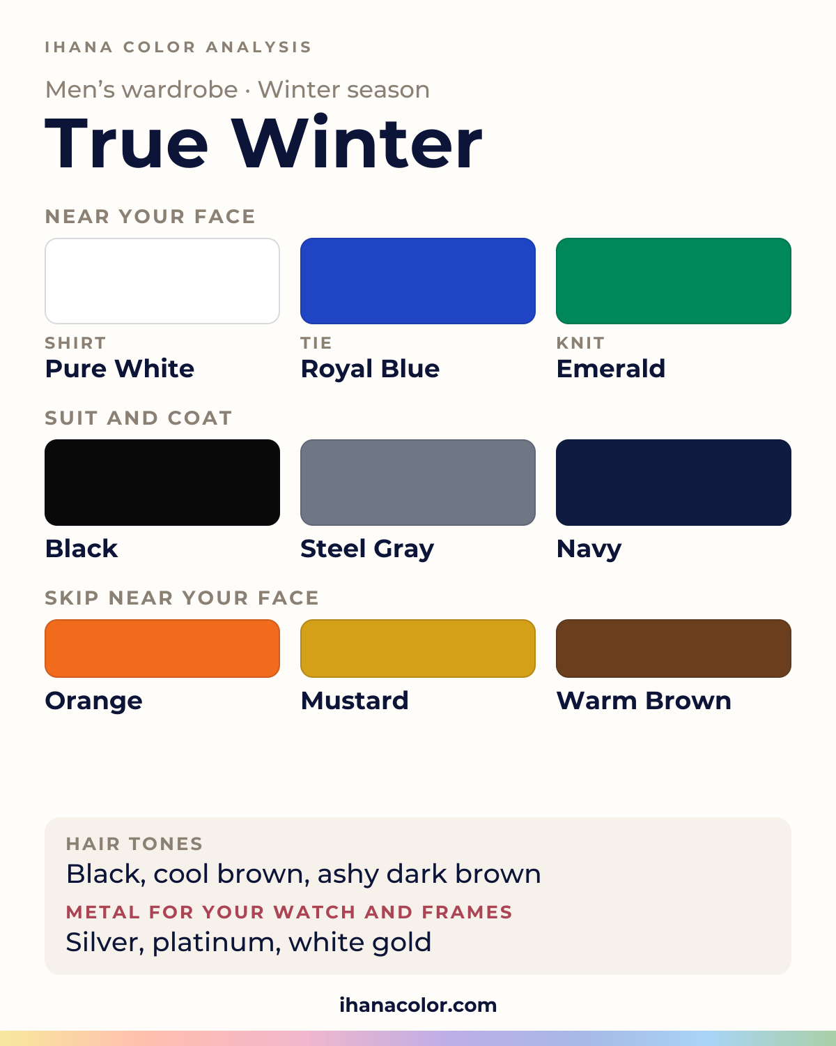 True Winter (Cool Winter) men’s color palette: pure White shirt, black, steel Gray and navy suit and coat, royal Blue tie, emerald knit, and the colors to skip near the face