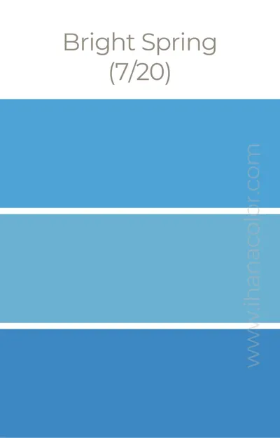 A swatch page of the Spring digital palette: Bright Spring, page 7 of 20, with three shades of blue