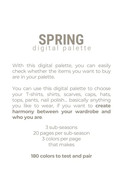 Page 2 of the digital palette: what it is for, and the numbers: 3 sub-seasons, 20 pages per sub-season, 3 colors per page, 180 colors to test and pair