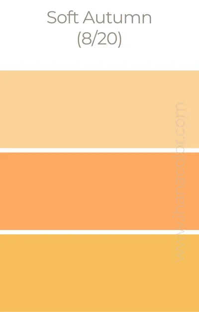 A swatch page of the Autumn digital palette: Soft Autumn, page 8 of 20, with three shades of orange