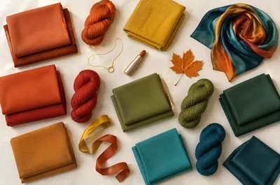 Fabrics, wool and a maple leaf in the warm colors of the Warm Autumn palette