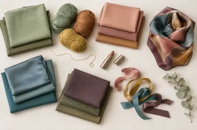 Fabrics, wool and a eucalyptus branch in the soft colors of the Soft Autumn palette
