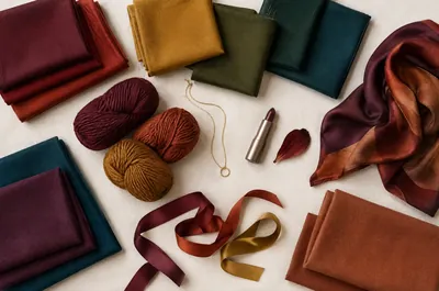 Fabrics, ribbons and a burgundy petal in the deep colors of the Deep Autumn palette