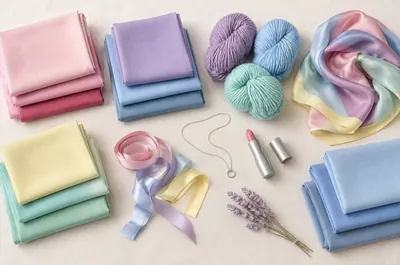 Fabrics, ribbons, lavender and a silver necklace in the colors of the Light Summer palette