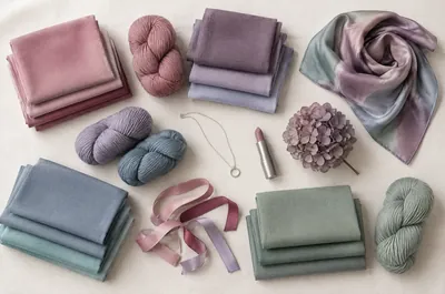 Fabrics and accessories in the powdery colors of the Soft Summer palette