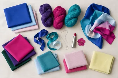 Fabrics, ribbons and a fuchsia flower in the cool, crisp colors of the True Winter palette