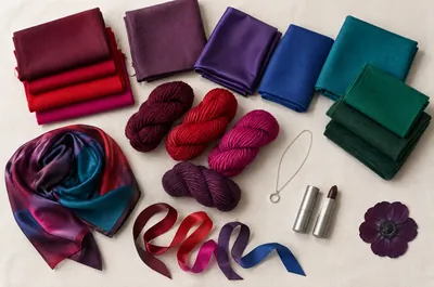 Fabrics, wool and a plum anemone in the intense colors of the Deep Winter palette