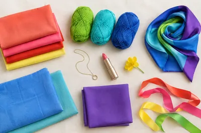 Fabrics, balls of wool and ribbons in the bright, clear colors of the Bright Spring palette