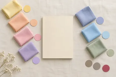 A closed cream booklet on linen, surrounded by fabric squares and paper chips in a pastel gradient