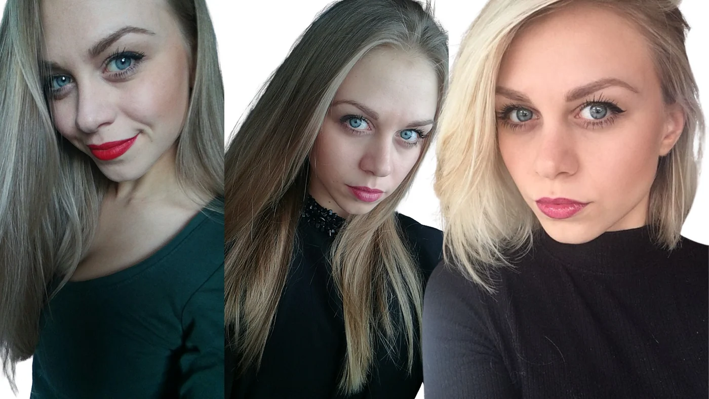 Three portraits of Lisa before she discovered color analysis: a dark green top with bright red lipstick, then two black tops, one of them a turtleneck