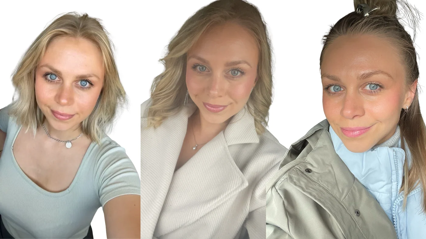 Three portraits of Lisa wearing her colors: a pale green T-shirt, an off-white coat, and a light khaki jacket over a sky-blue puffer