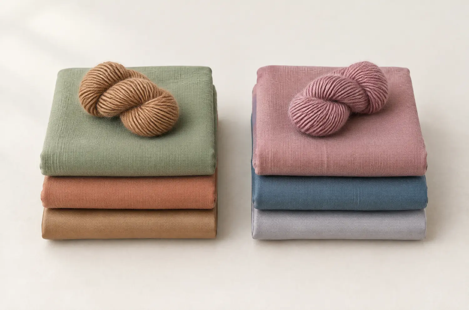 Two stacks of fabric: warm sage and caramel on the left, soft pink and blue on the right