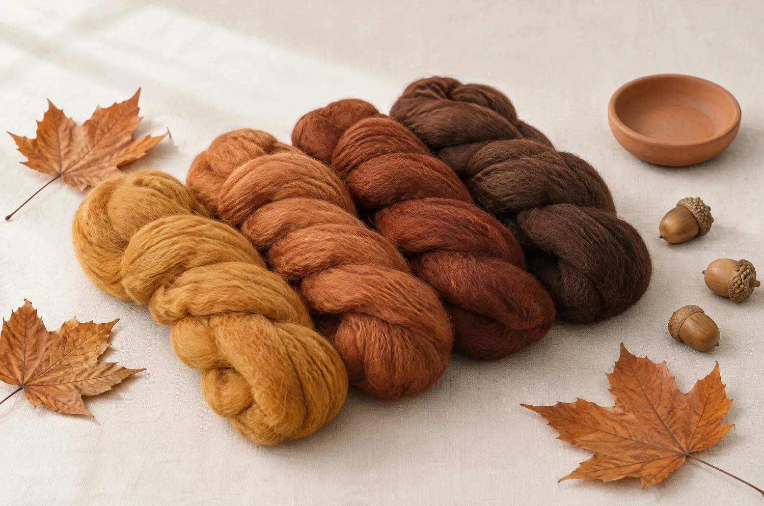 Twisted wool rovings in honey, copper, auburn and chocolate among maple leaves and acorns, a nod to autumn hair colors