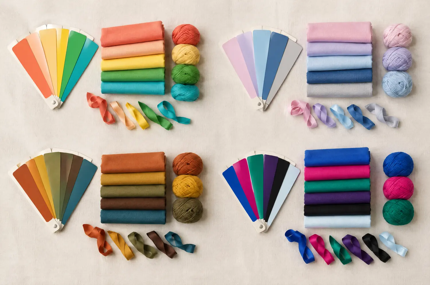 Swatches, fabrics, wool and ribbons of the four color seasons gathered in four groups