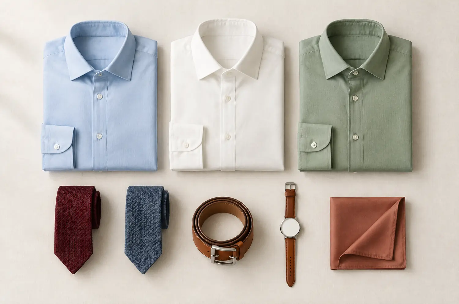 Folded shirts, ties, a belt and a watch in varied tones for men’s color analysis