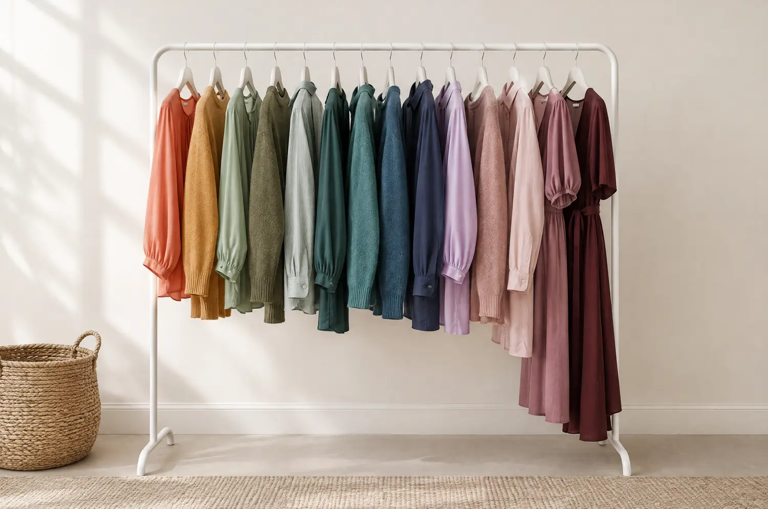 A clothing rack sorted by color, from warm shades to cool shades, in a bright room