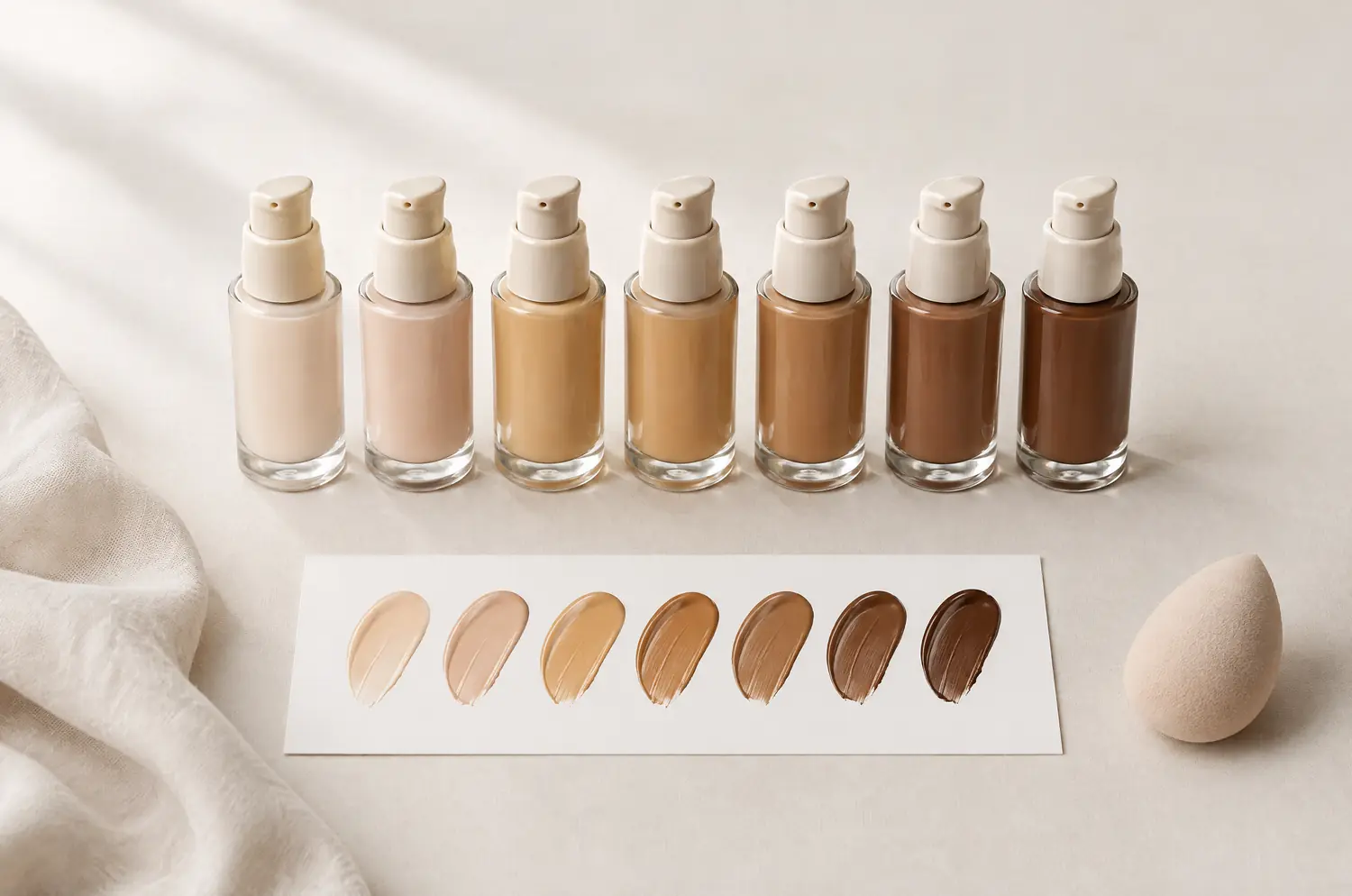 Foundation bottles from the lightest to the deepest shade, with their swatch tests