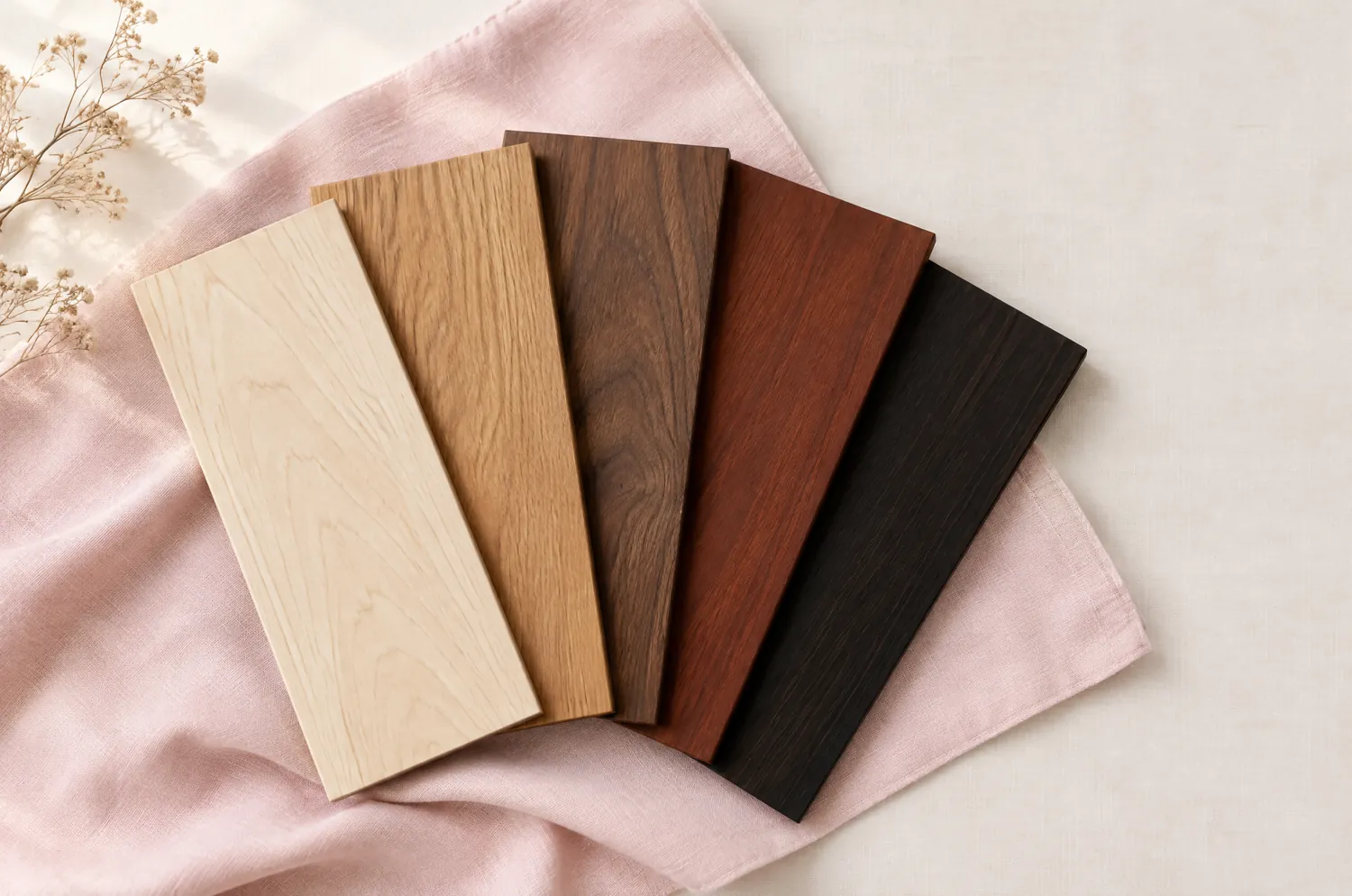 Five wood samples from pale maple to ebony fanned over pale pink linen, standing in for blond, brown, red and black hair shades