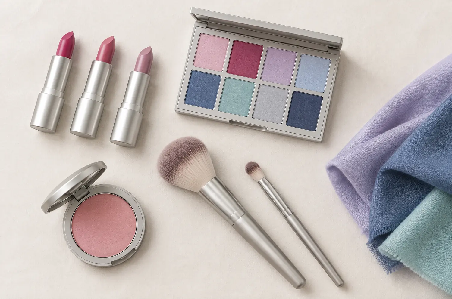 Lipsticks, eyeshadows and blush in the pink and blue-toned shades of the Summer season