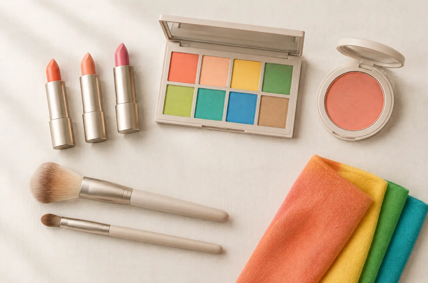 Lipsticks, eyeshadows and blush in the coral and peach shades of the Spring season