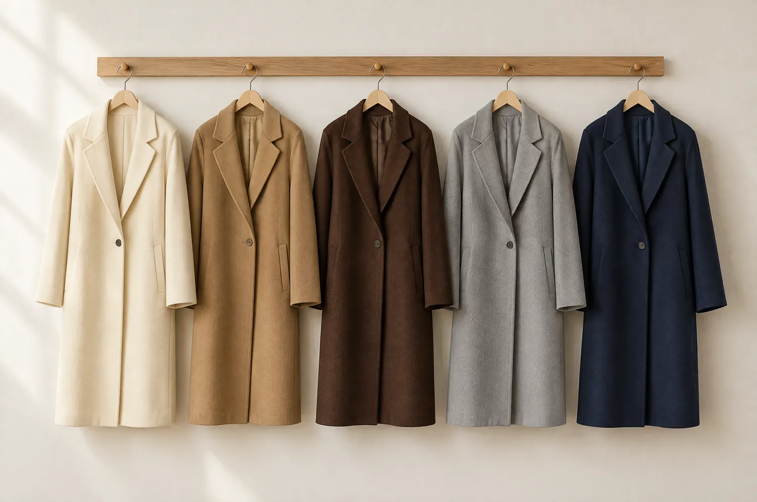 Five neutral coats on wooden hangers along a wall rail: cream, camel, chocolate, soft grey and navy