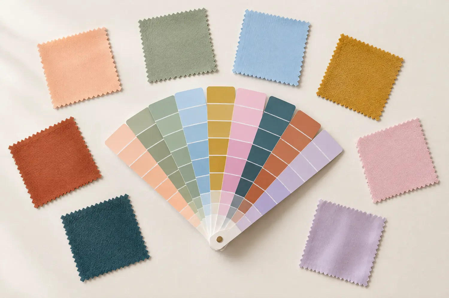 A paper swatch fan surrounded by pinked-edge fabric samples in matching shades
