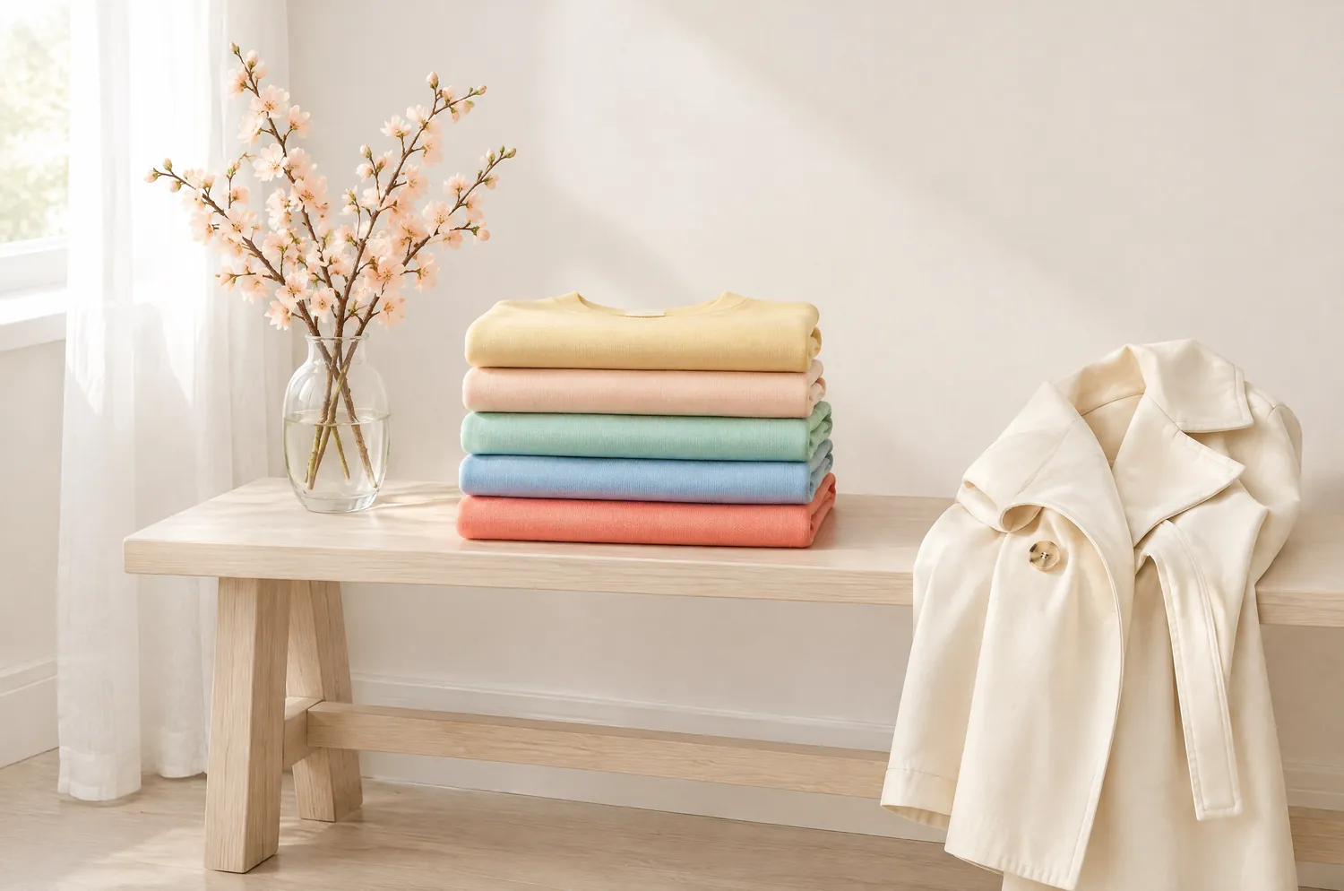 A stack of five folded spring knits in yellow, peach, mint, sky blue and coral on a pale wooden bench, next to a vase of blossom branches and a cream trench coat