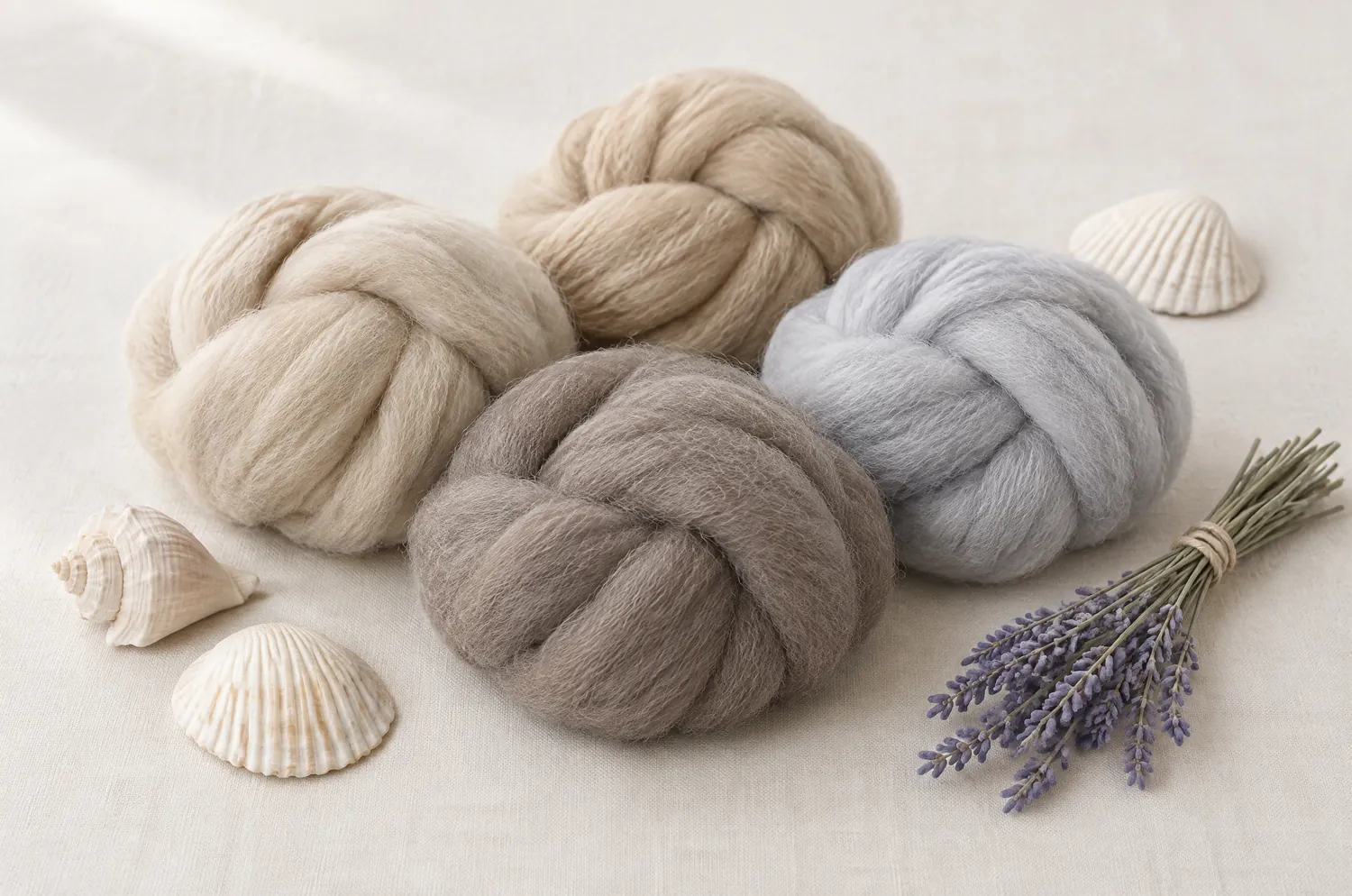 Four twisted wool rovings in ash blond, beige, taupe and pearl grey with seashells and a bundle of lavender