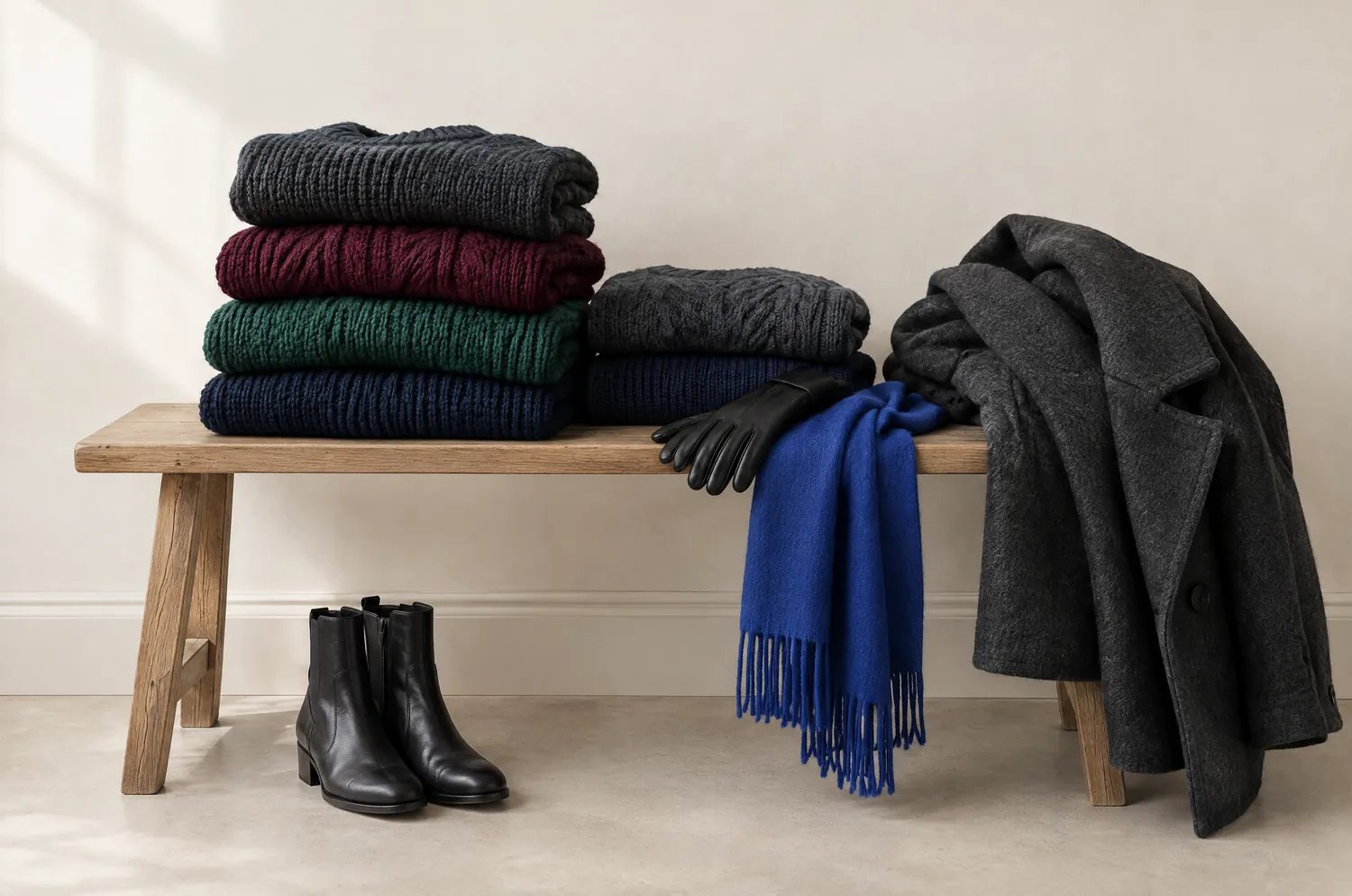 A bench with a tall pile of chunky sweaters in charcoal, burgundy, green and midnight blue, a wool coat, gloves, a blue scarf and black boots