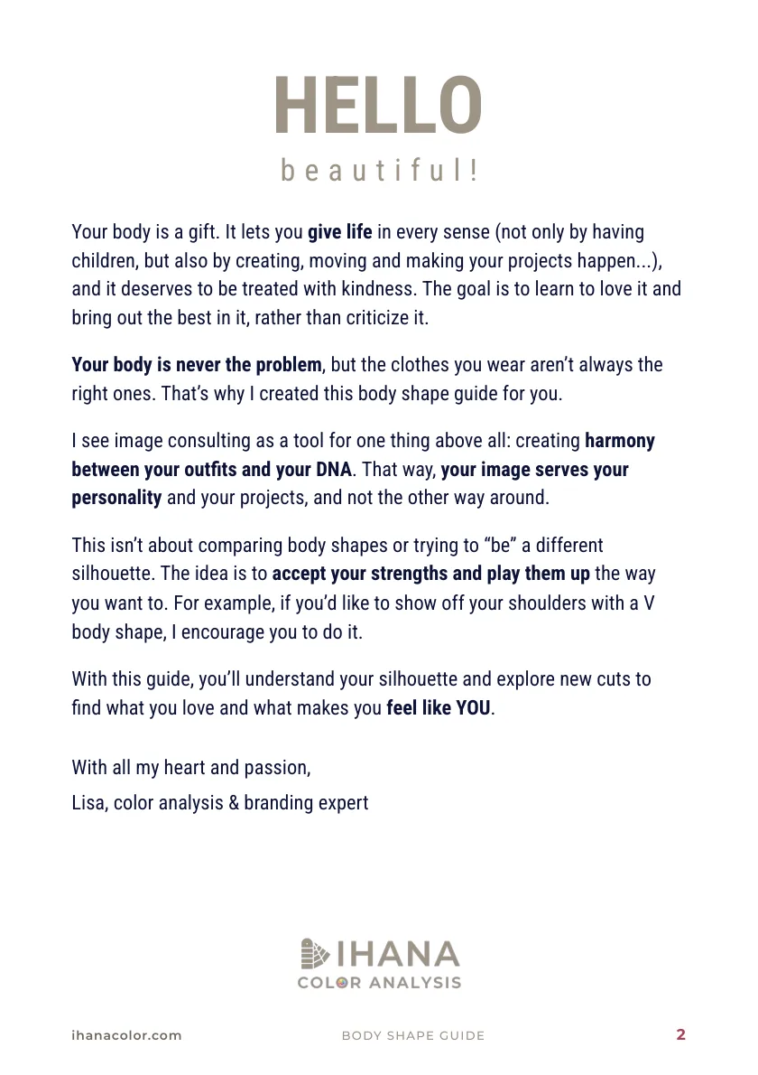 Body shape guide, page 2: Lisa’s note, “Hello beautiful!”