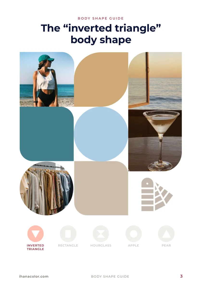 Body shape guide, page 3: the opener of the inverted triangle chapter, with the five body shapes as icons