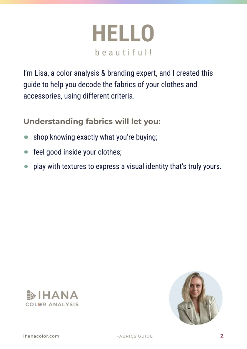 Fabric Guide, page 2: Lisa’s note, with her photo