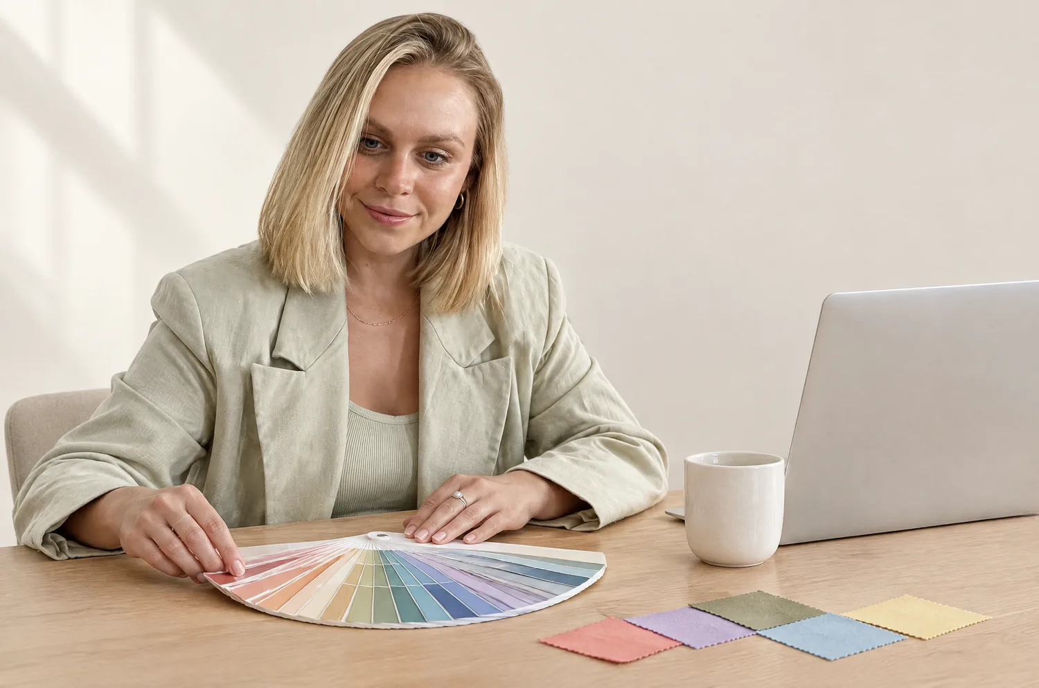 Lisa Routa sitting at a light desk, leaning over a swatch fan and fabric squares, with an open laptop seen from behind and a cup