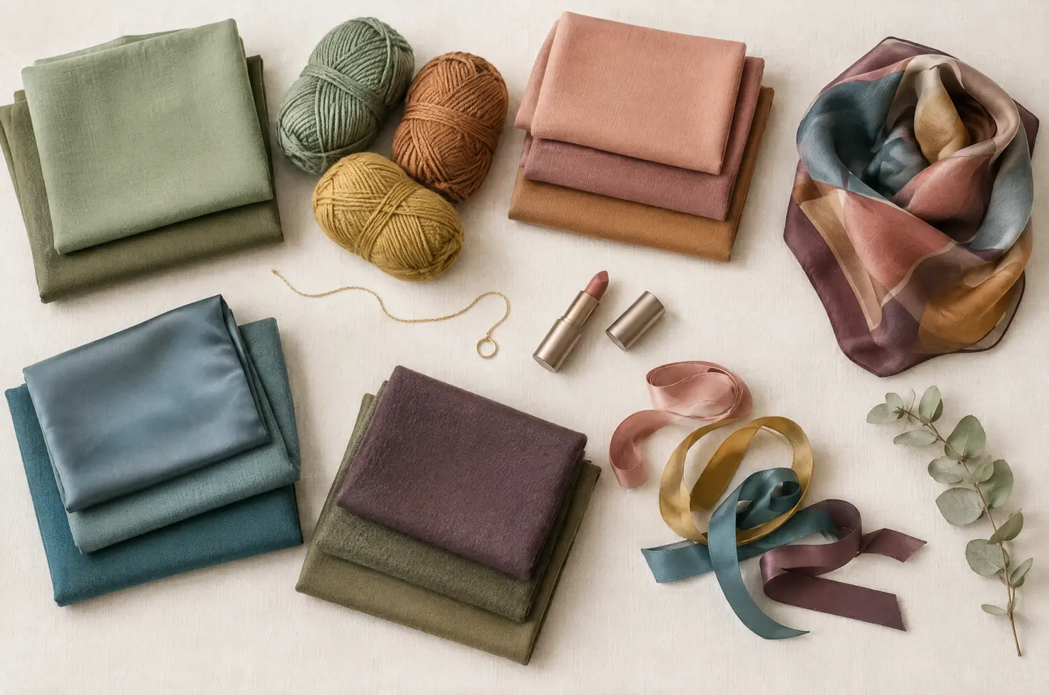 Fabrics, wool and a eucalyptus branch in the soft colors of the Soft Autumn palette