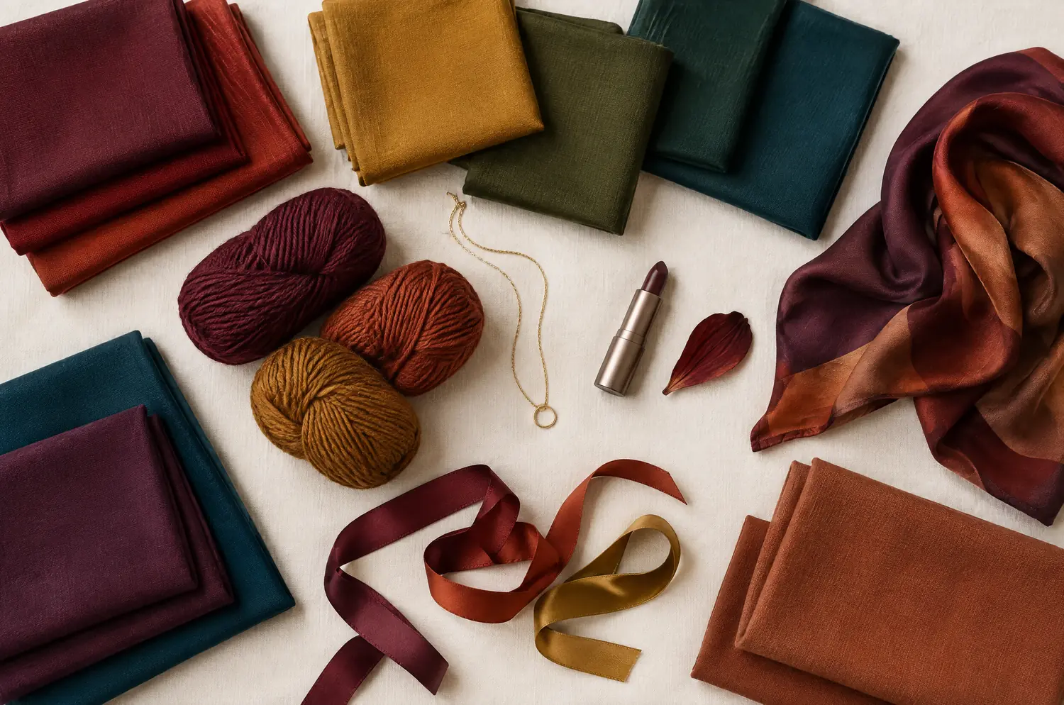 Fabrics, ribbons and a burgundy petal in the deep colors of the Deep Autumn palette
