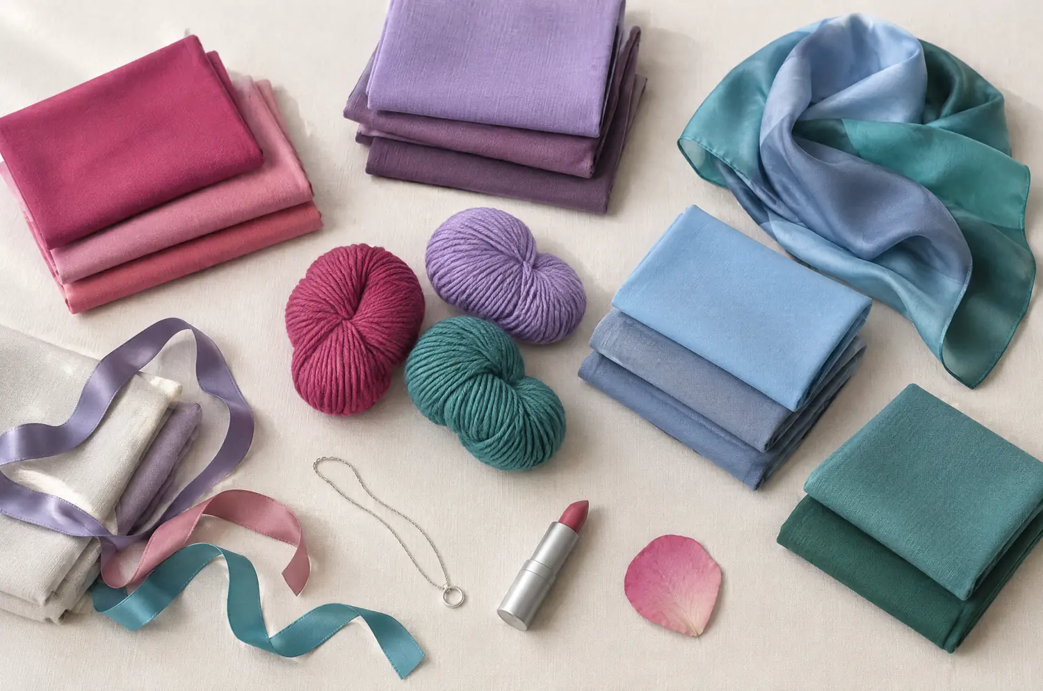 Fabrics, wool and a rose petal in the cool colors of the Cool Summer palette