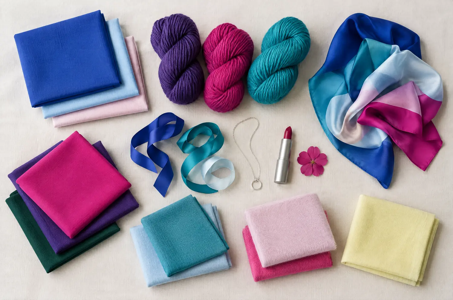 Fabrics, ribbons and a fuchsia flower in the cool, crisp colors of the True Winter palette