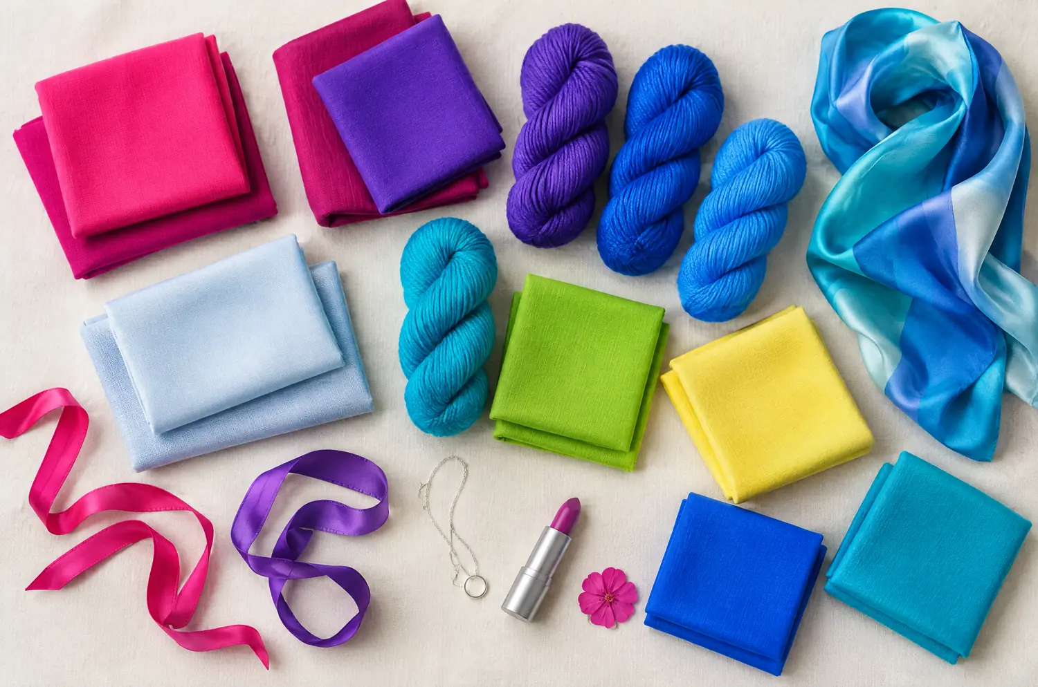 Fabrics, wool and a hot pink flower in the vivid colors of the Bright Winter palette