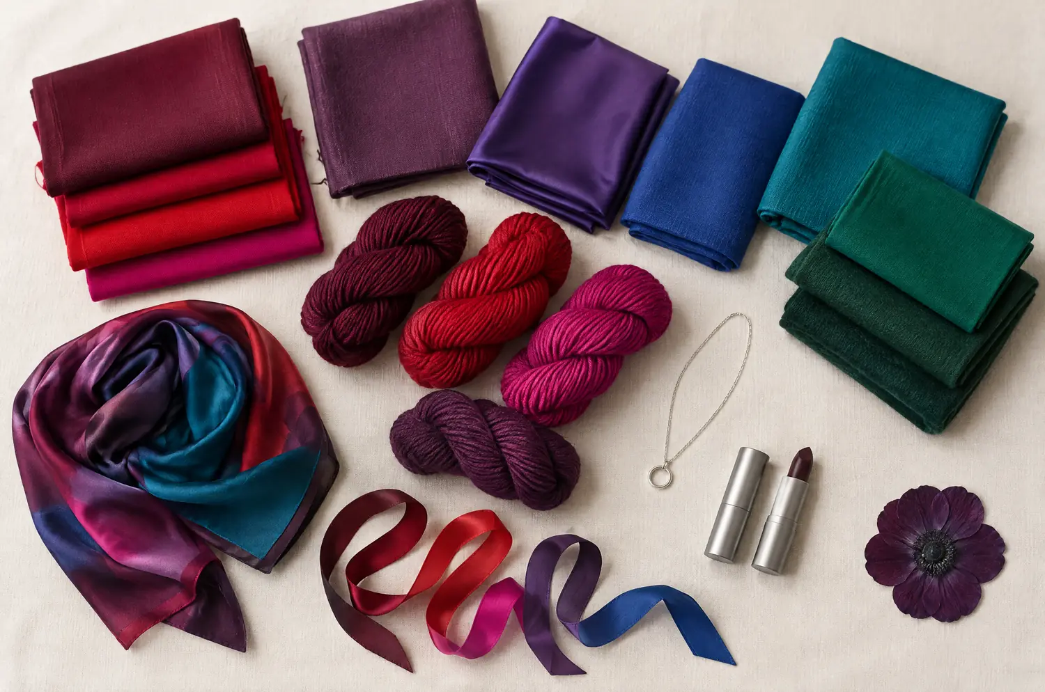 Fabrics, wool and a plum anemone in the intense colors of the Deep Winter palette