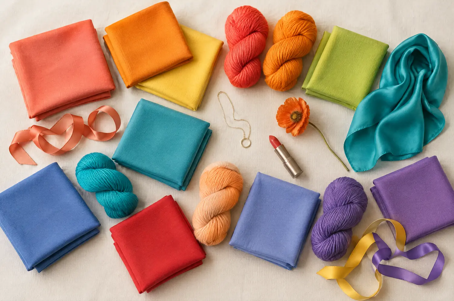 Fabrics, wool and ribbons in the warm, glowing shades of the Warm Spring palette