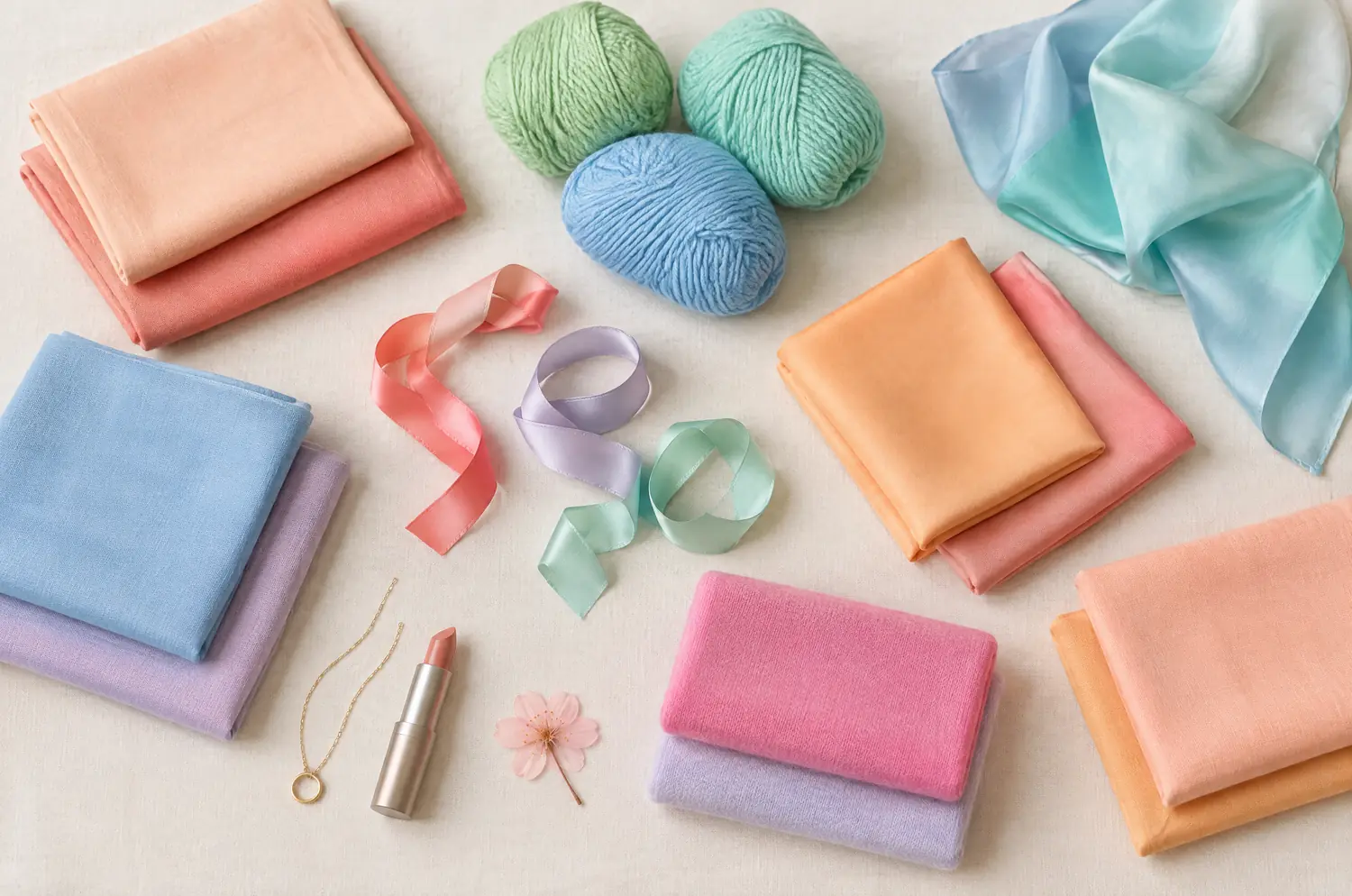 Fabrics, ribbons and a gold necklace in the light, fresh shades of the Light Spring palette