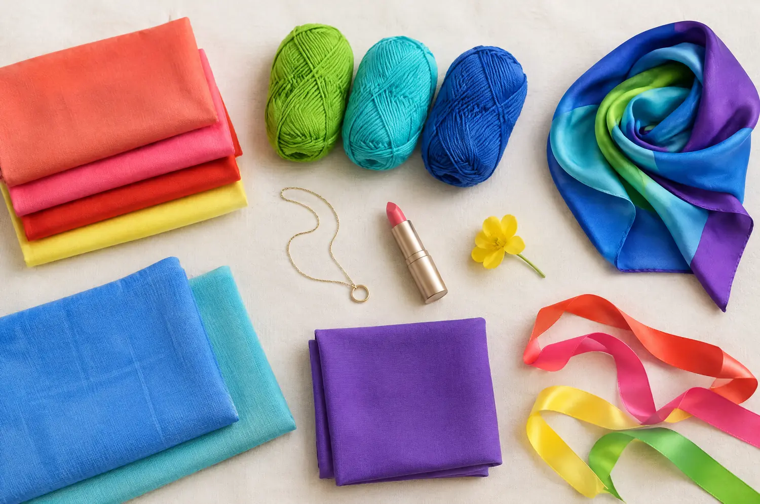 Fabrics, balls of wool and ribbons in the bright, clear colors of the Bright Spring palette