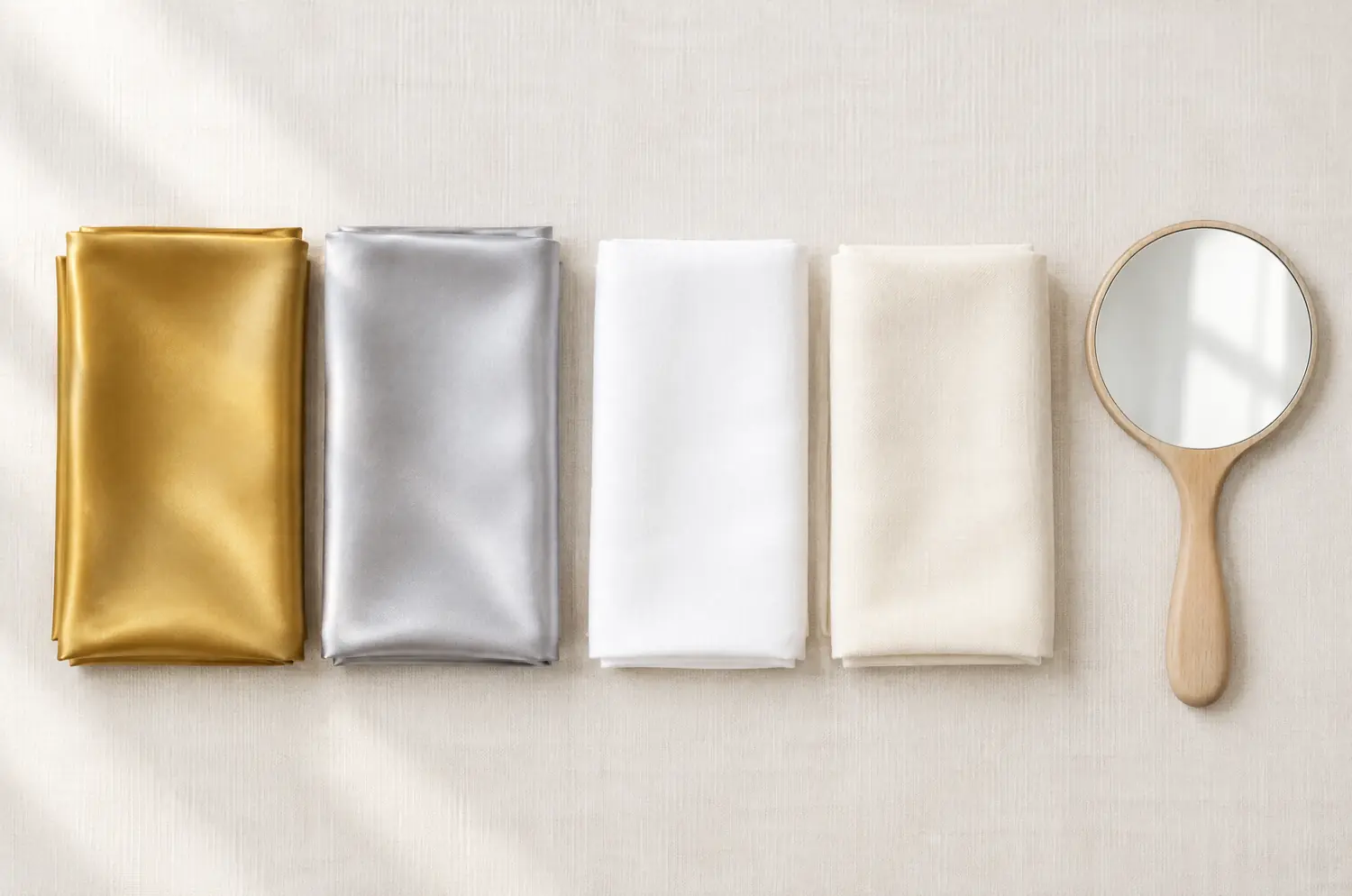 Folded gold, silver, pure white and off-white fabrics next to a wooden hand mirror, for testing your undertone at home