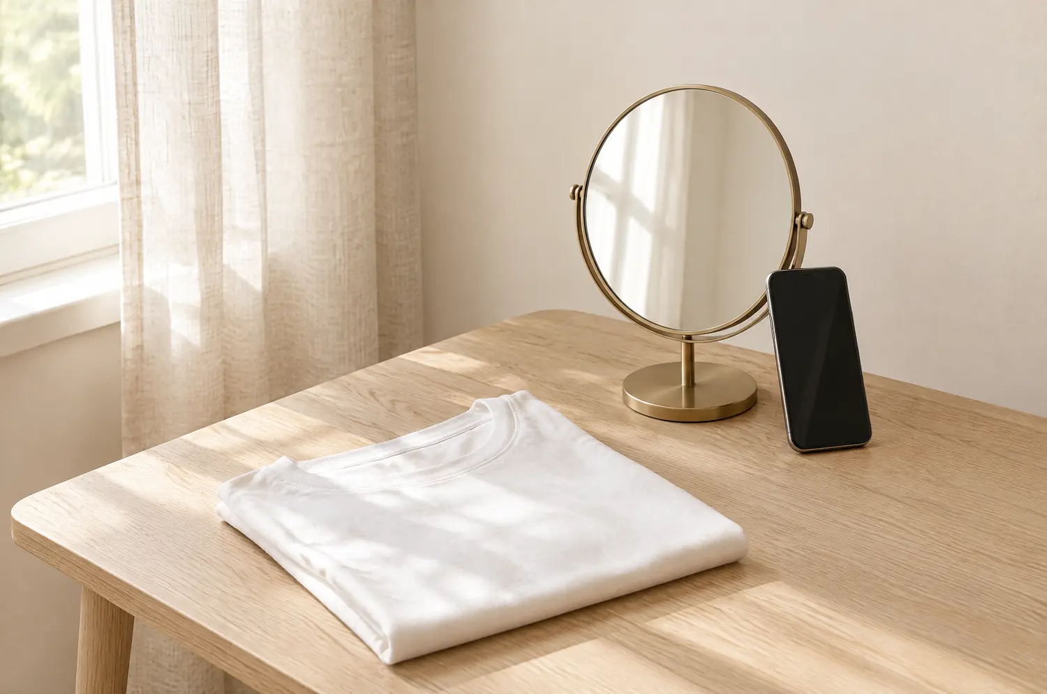 A light wooden table by a linen-curtained window: a standing mirror, a folded white top and a phone leaning against the mirror