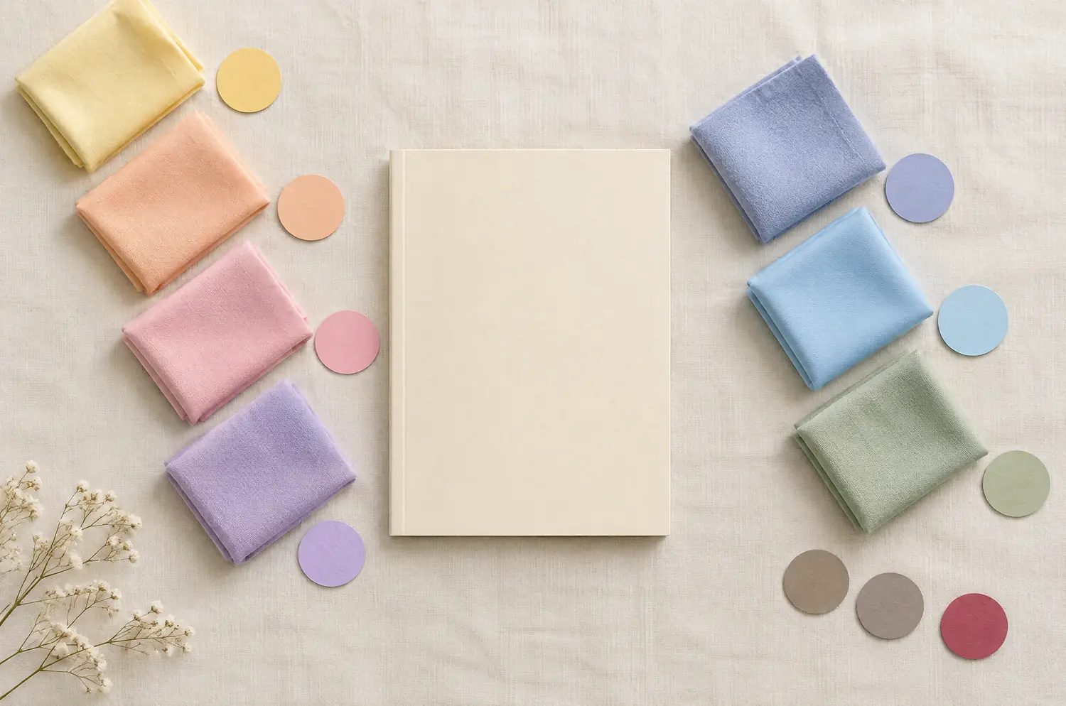 A closed cream booklet on linen, surrounded by fabric squares and paper chips in a pastel gradient