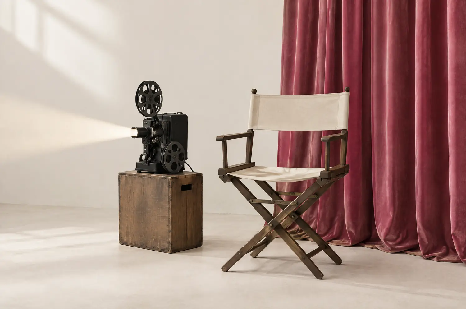 A blank canvas director’s chair, a vintage movie projector and a raspberry velvet curtain