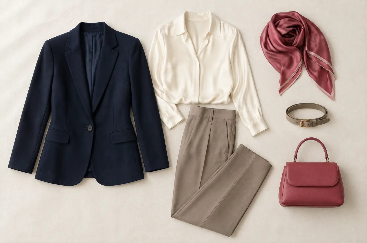 An outfit laid flat: a midnight blue jacket, a cream blouse, taupe pants, a silk scarf, a belt and a raspberry and taupe bag